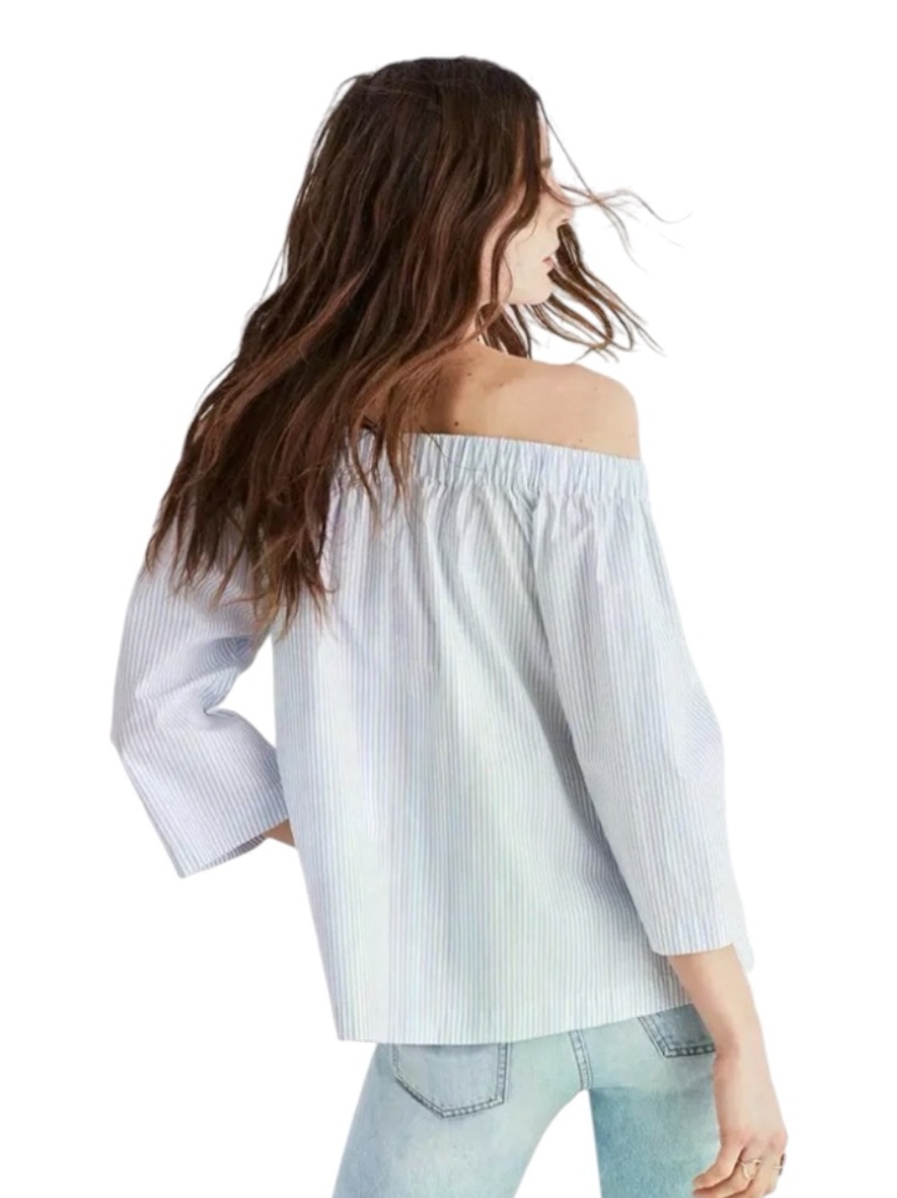 Madewell Coastal Nostalgia Summer Vac Blue Striped Off Shoulder 3/4 Sleeve Top S